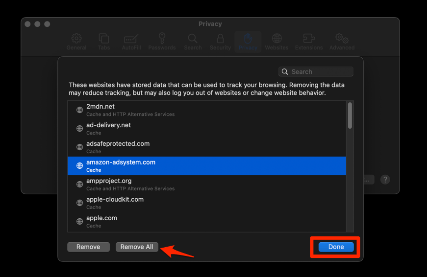 Remove All cache and cookies data stored in Safari Mac