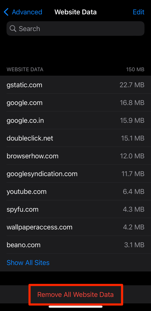 Remove All Website Data from Safari Settings Advanced tab on iPhone