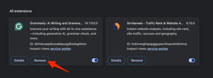 Remove command for Installed Extensions in Chrome app