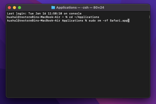 Remove Safari command in Terminal app on Mac