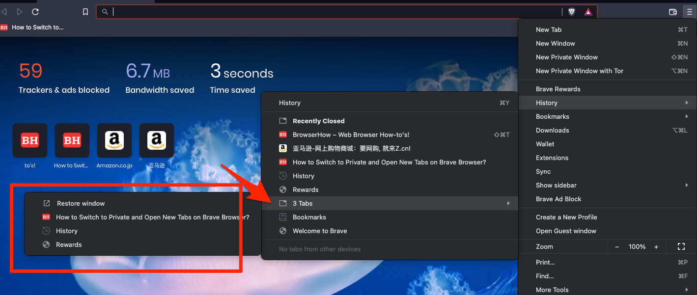 Reopen closed tabs and windows in Brave Browser from History menu