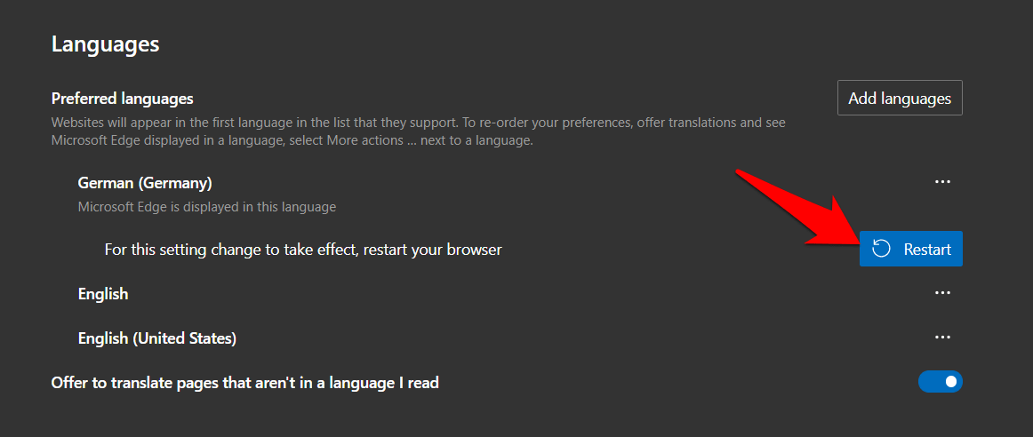 Restart browser after changing preferred browser in Edge