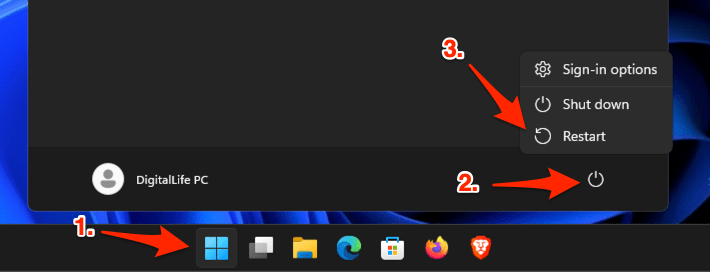 Restart Windows 11 PC from Start Menu
