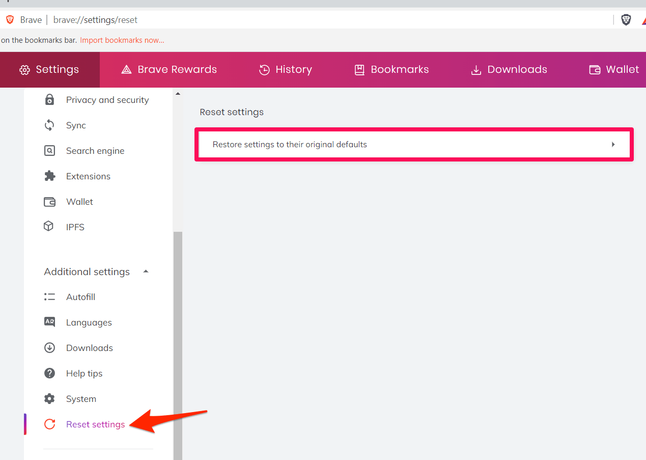 Restore settings to their original settings in Brave computer
