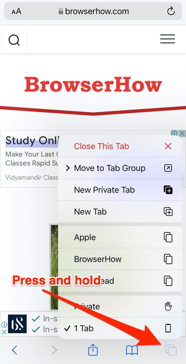 Safari iOS Tabs icon context menu list