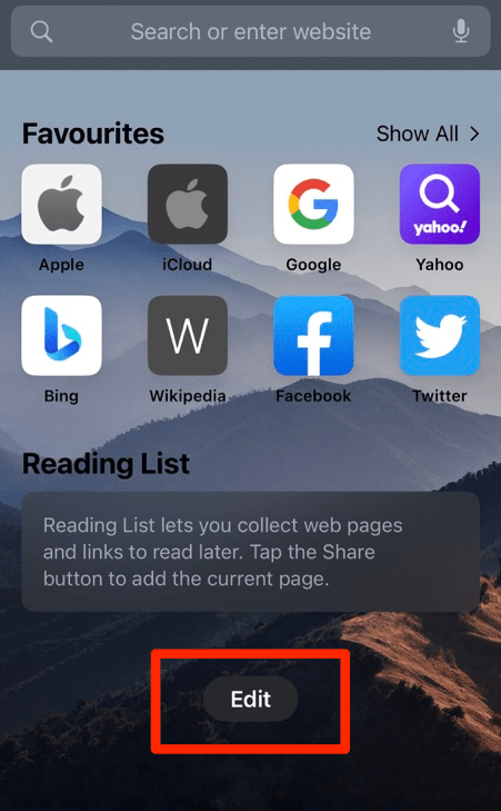 Safari iPhone Customize Start Page Edit button