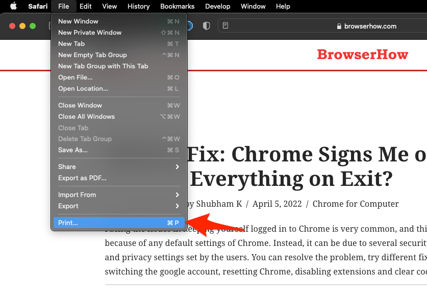 Safari Mac Print option under File Menubar
