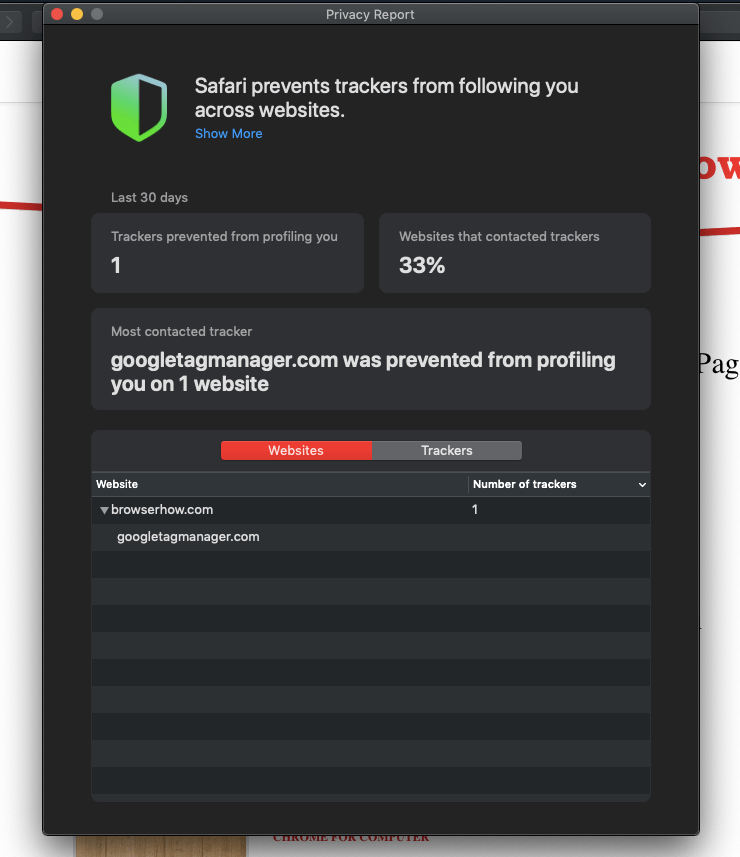 Safari Privacy Report on MacOS computer last 30 days data