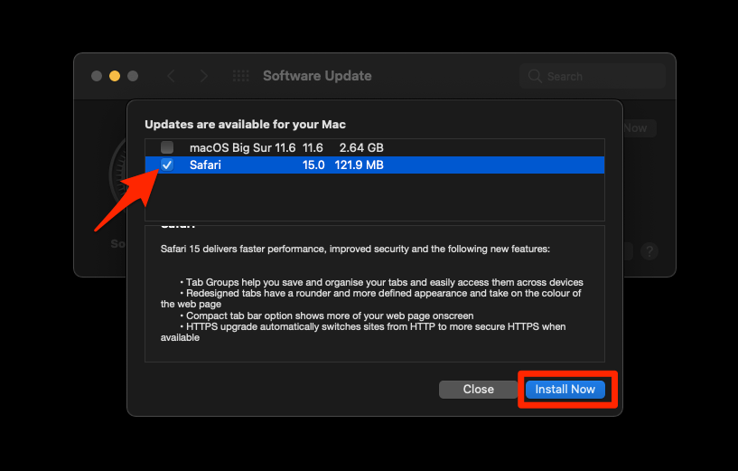 Safari Update checkbox enable under Software Update window