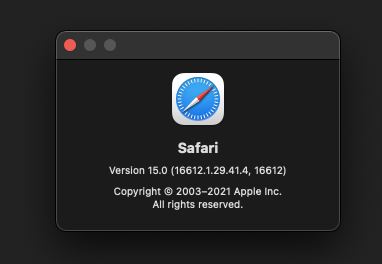 Safari Version and Build number window