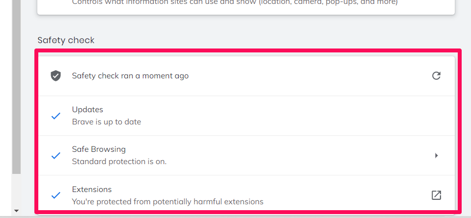 Safety check status update on Brave browser