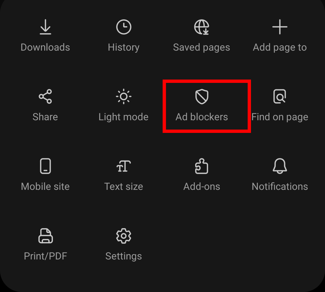 Samsung Internet Ad Blocker menu