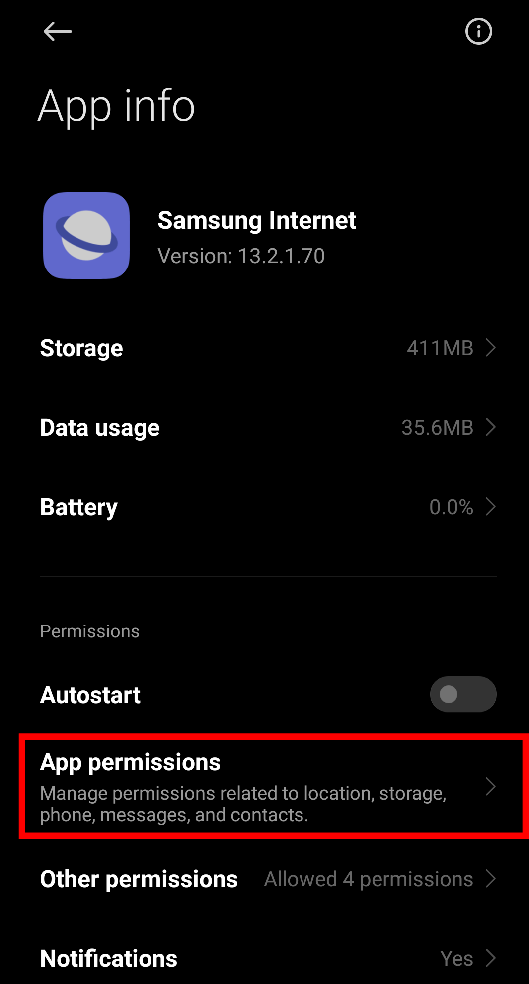Samsung Internet App Permissions menu