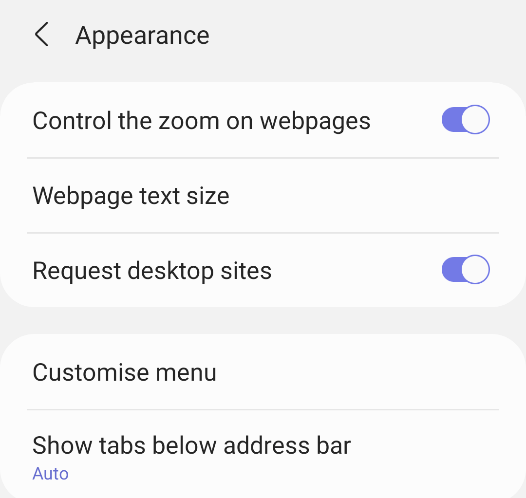 Samsung Internet Appearance Setting Options