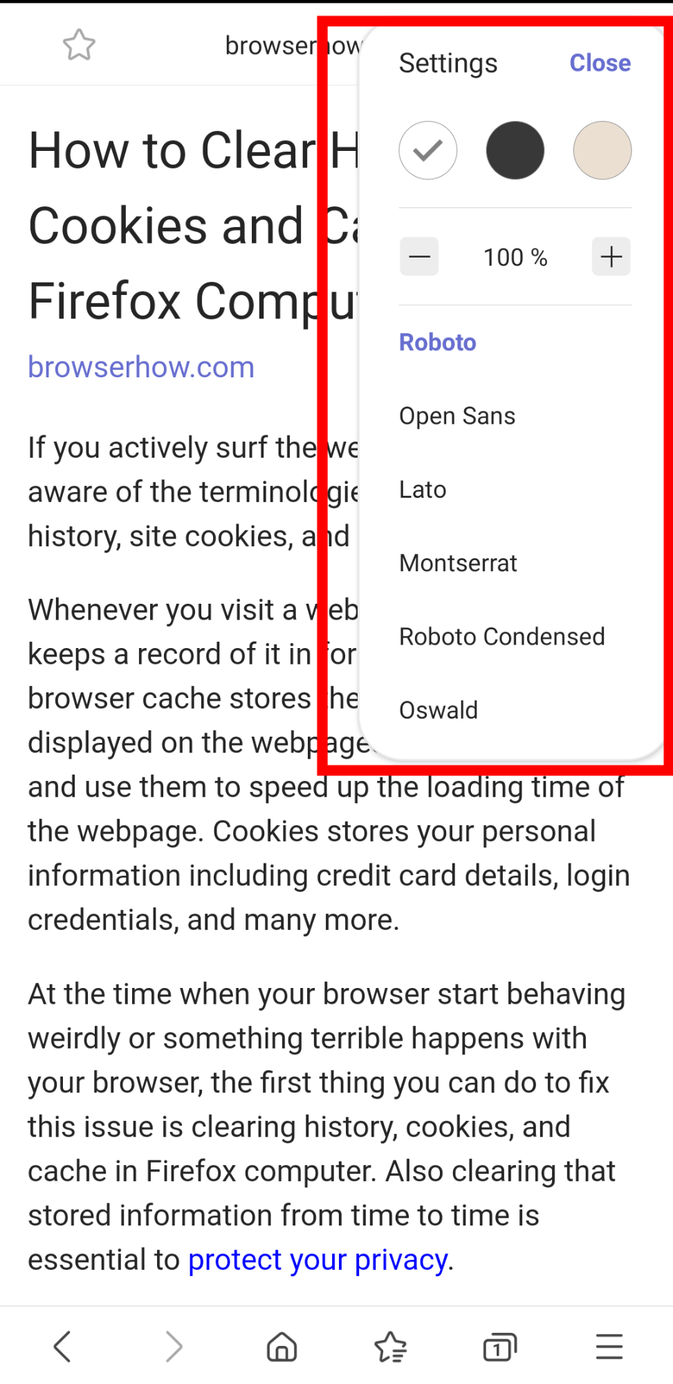 Samsung Internet Reader View Settings option