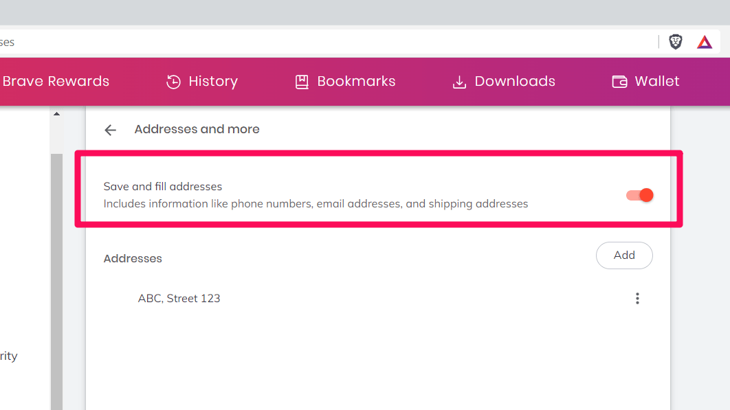 Save and fill address toggle in Brave browser