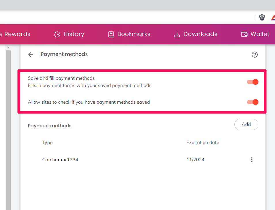 Save and fill the payment methods and allow site to check the payment method on Brave browser