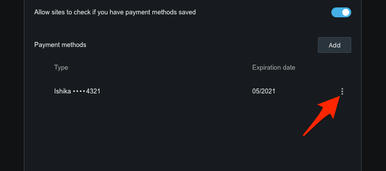 Saved Payment methods option menu