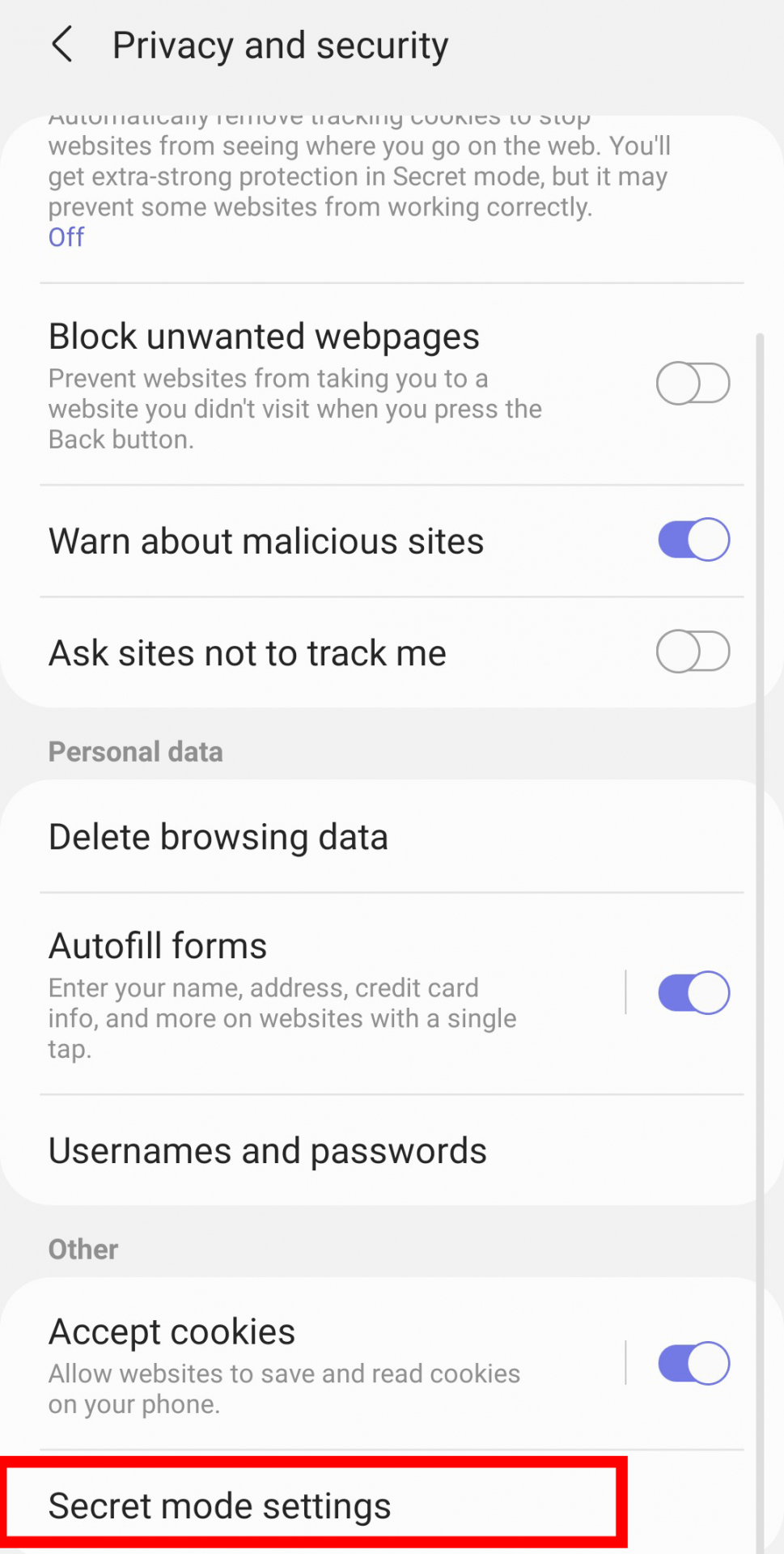 how to set password for Secret mode in Samsung internet