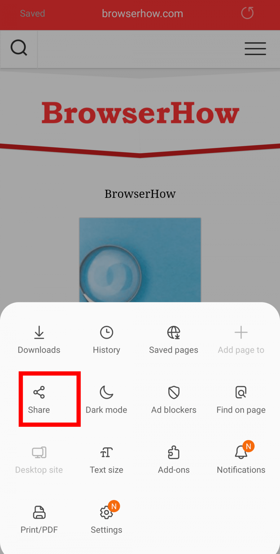 Share website externally in Samsung Internet 