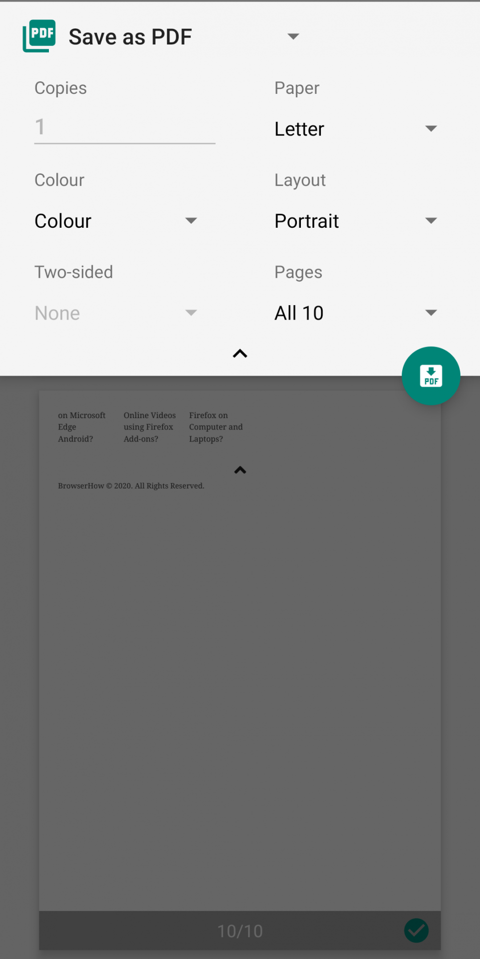 PDF settings in Samsung Internet
