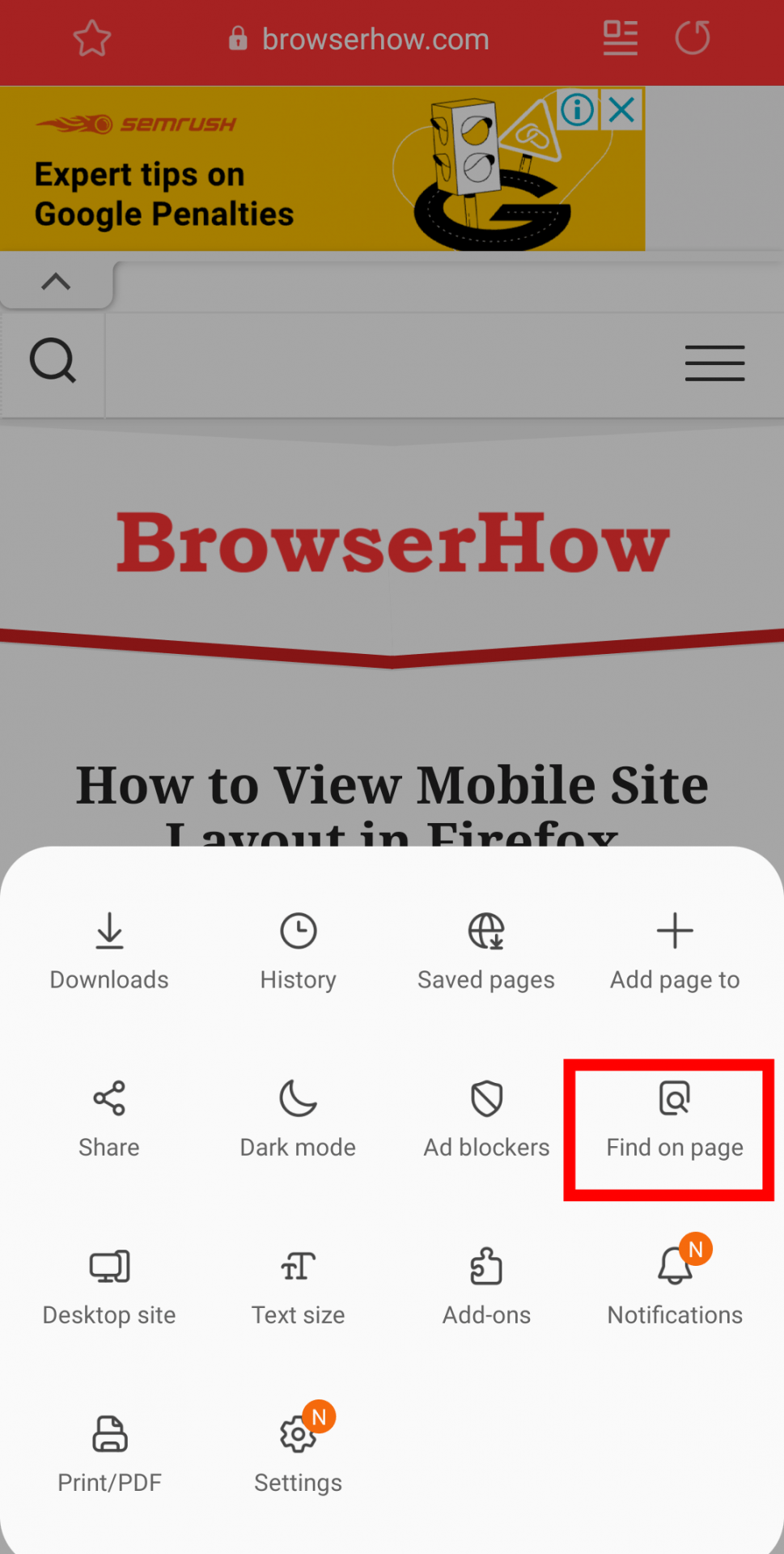 Find on page button in Samsung Internet
