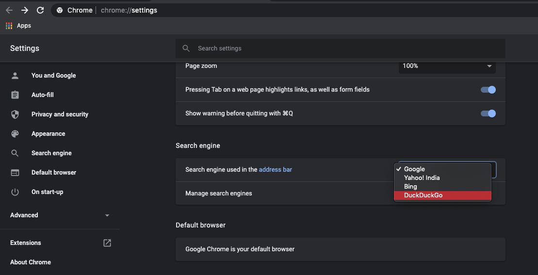 Search Engine Settings in Chrome Computer