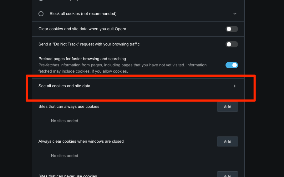 See all cookies and site data tab in Site Settings