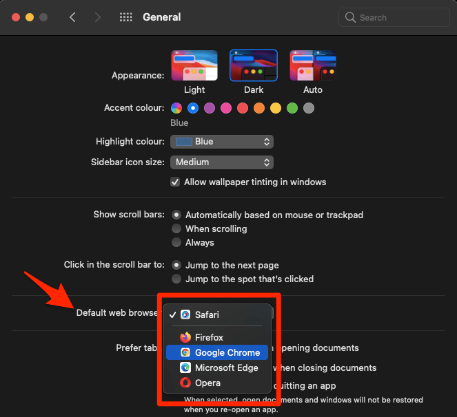 Select default web browser for Apple Mac from General Preferences window