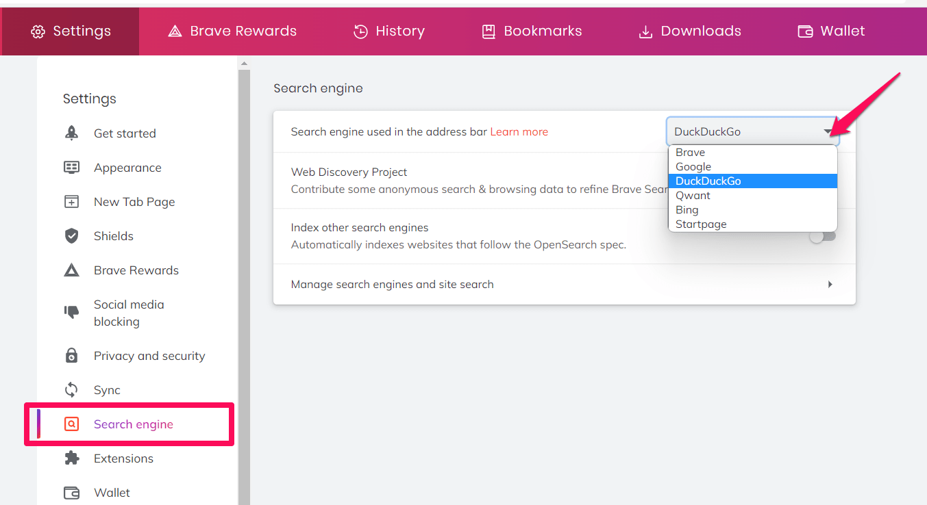 Select Search Engine used in Address bar on Brave browser