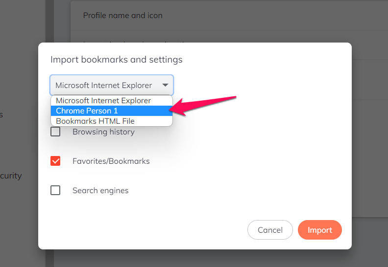 Select the Browser Profile for data import in Brave computer