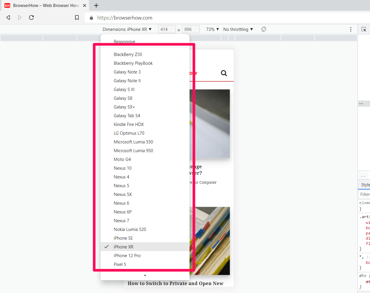 Select the Device Model for Emulation in Brave
