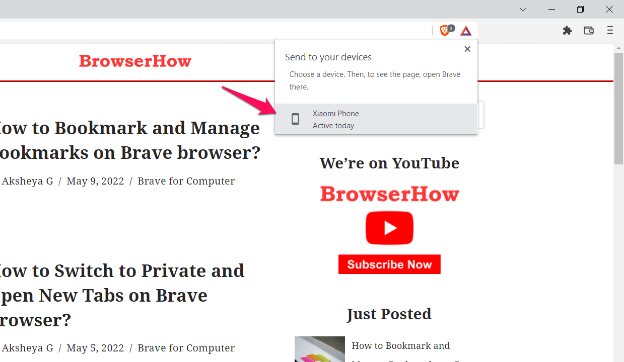 Sent to your devices window in Brave browser option