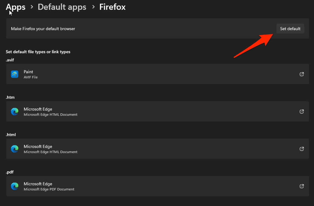 Set Default button on Windows PC for web browser