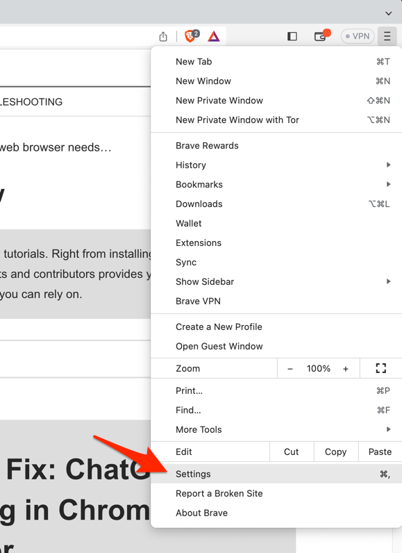 Settings menu in Brave browser on computer