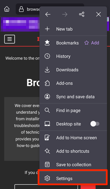 Settings menu in Firefox app for Android