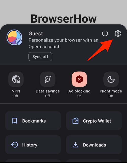 Settings menu in Opera for Android