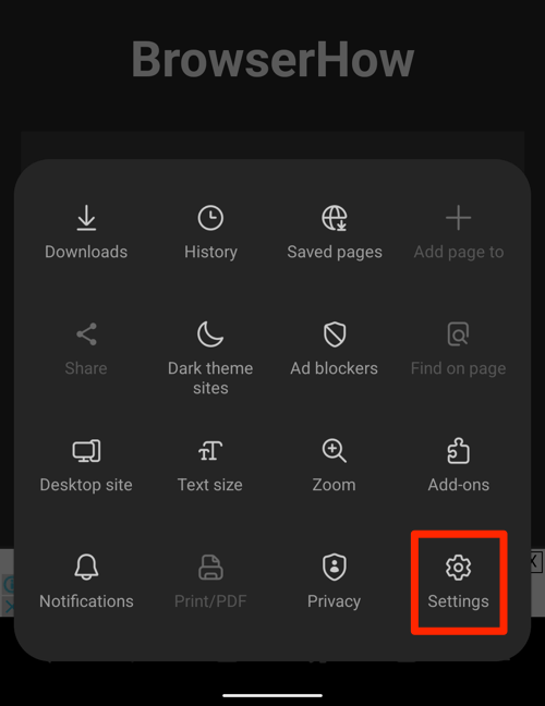 Settings menu in Samsung Internet browser