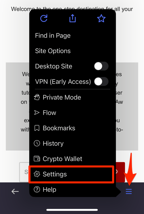 Settings menu on the Opera for iPhone