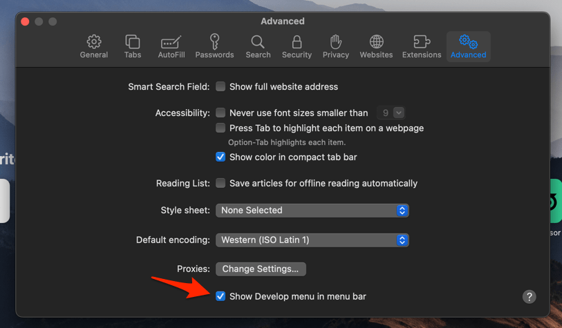 Show Develop menu in menu bar on Safari macOS