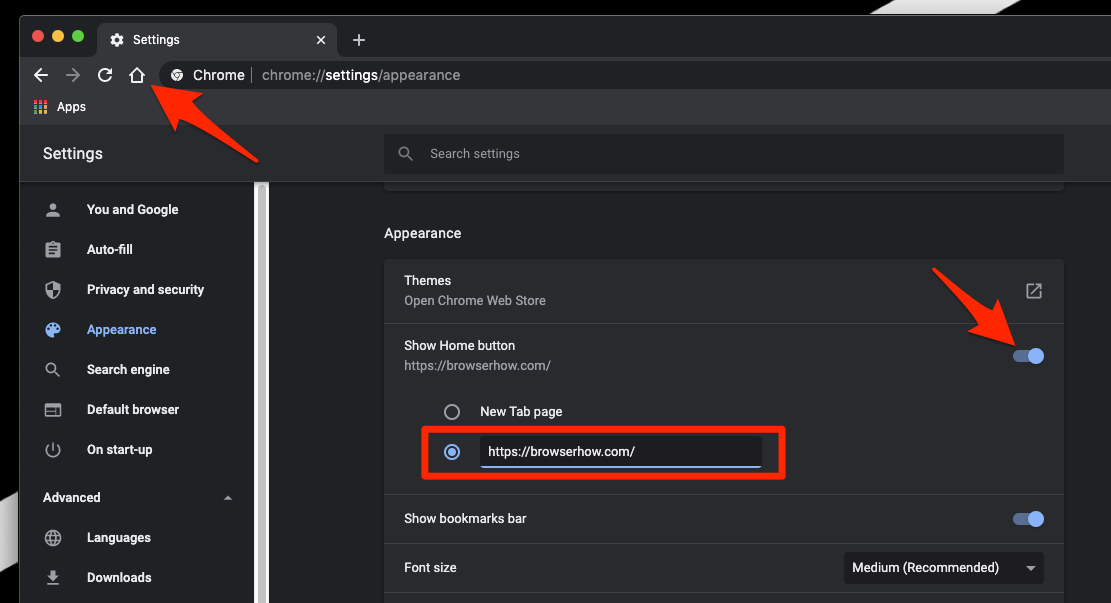Show Home button and customize the link in Chrome computer