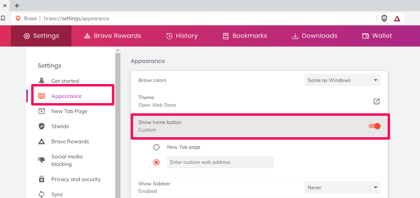 Show Home button icon in Brave computer browser