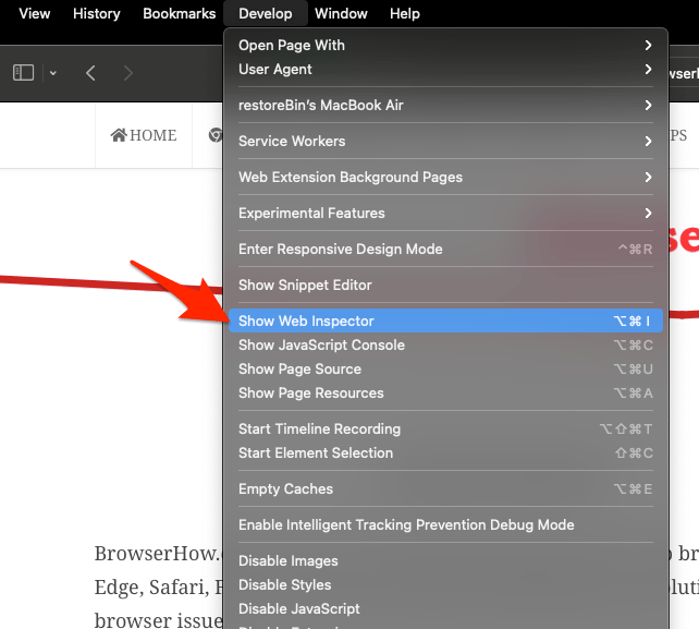 Show Web Inspector option in Develop Menu of Safari Mac