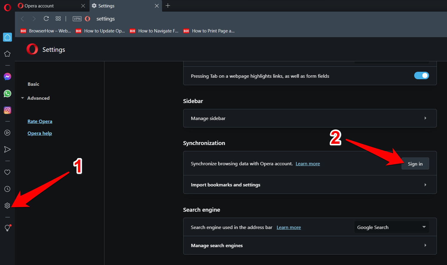 Sign-in Opera Computer to Enable Synchronization