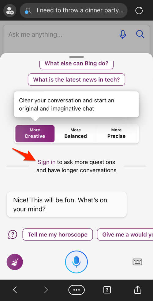 Sign-in to Microsoft account on Edge for iPhone to use Bing Chat