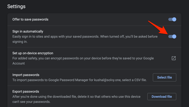 Sign in automatically toggle switch in Chrome browser