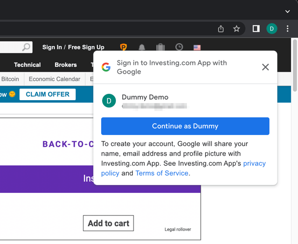 Sign in with Google Account prompt for Investing App