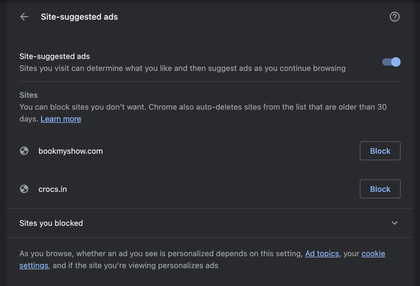 Site-suggested ads setup page in Chrome on Computer