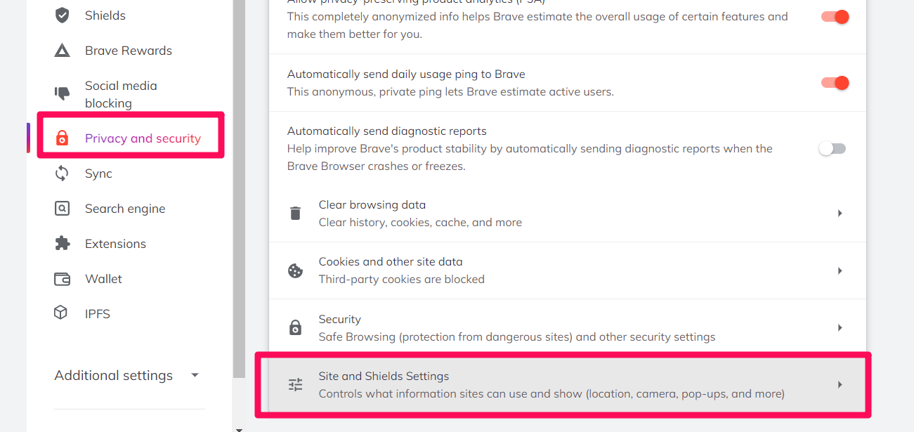 Site and Shield Settings under Privacy and Security tab on Brave Browser