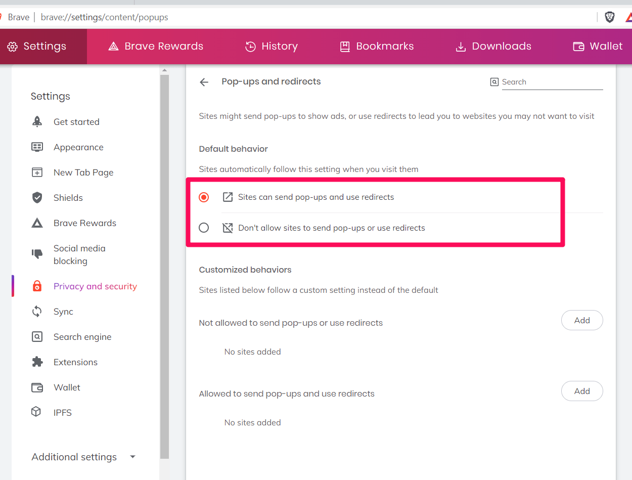 Site can send pop-ups and use redirect on Brave browser